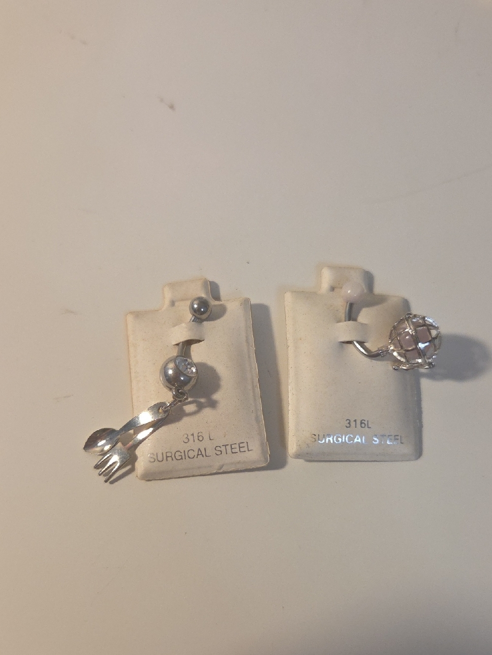 Surgical Steel Dangle Belly Button Ring with Fork & Globe Charms Silver Set 2